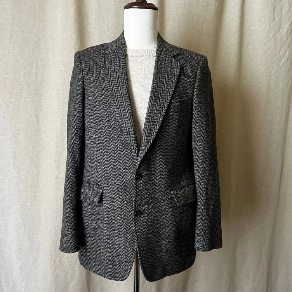 Herringbone Tweed Blazer‎ Mens 38R Gray Wool USA Vintage Sport Coat